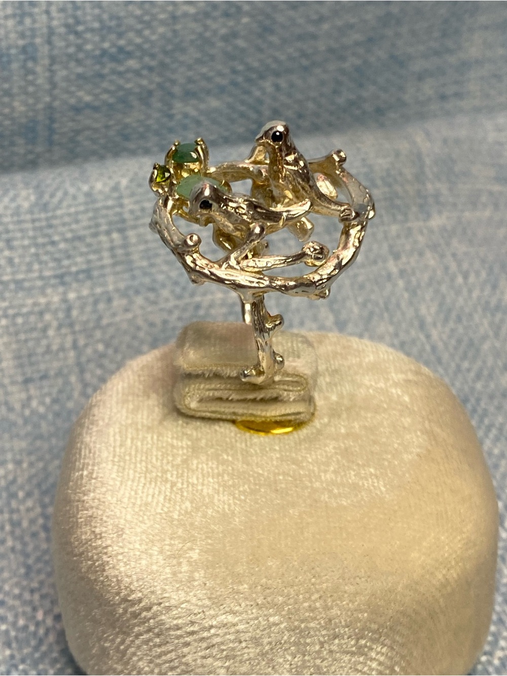 Artisan Sterling Emerald, Jade and Peridot Love Bird Statement Ring